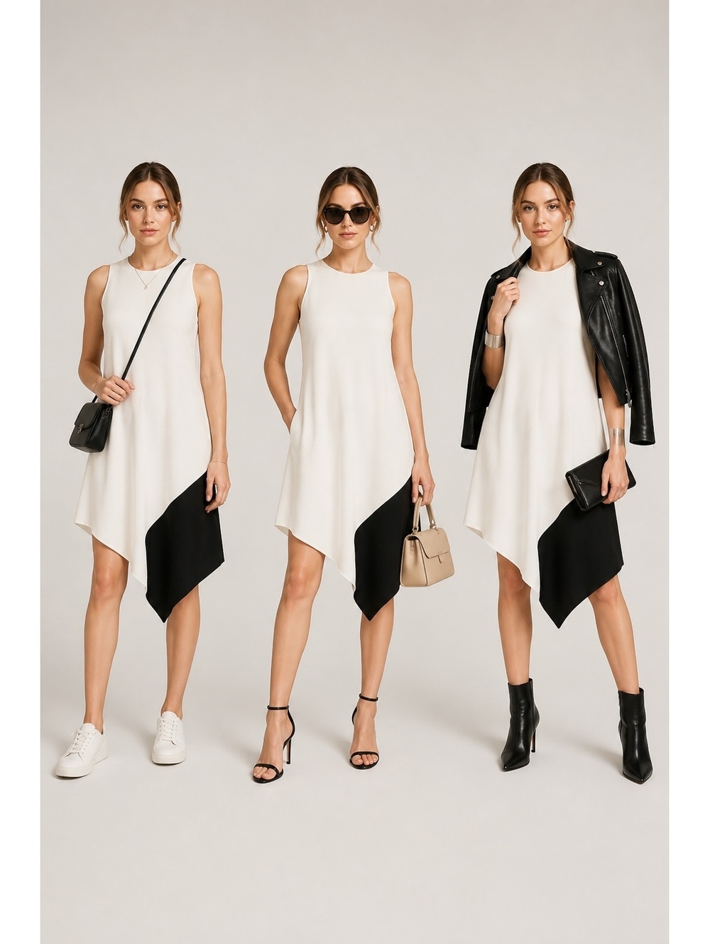 Rachel Roy Essentials Cream/White and Black Asymmetric Hem Dress Size Small